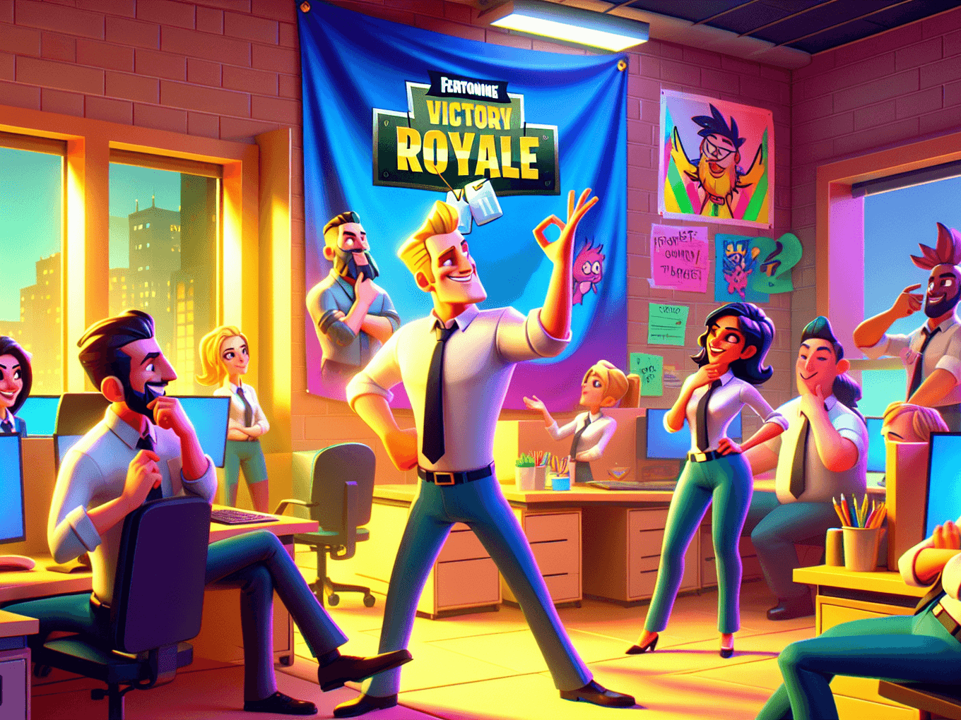 Someone left a Victory Royale banner on the whiteboard and nobody will take it down