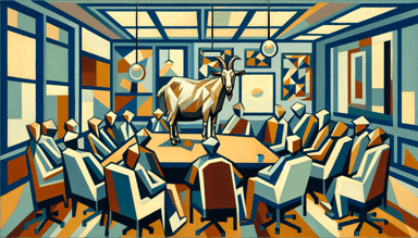 AI-generated painting of a goat in a conference room