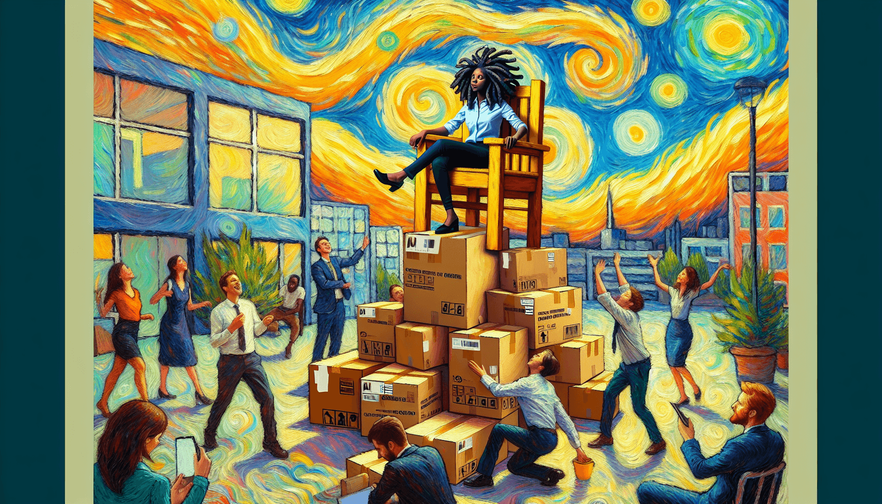 The intern built a throne out of shipping boxes and won't come down