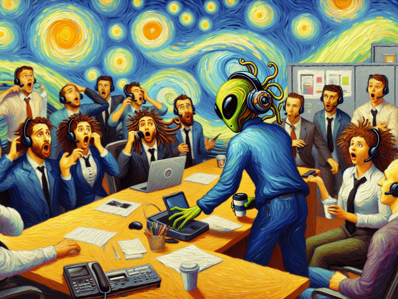 Van Gogh style painting of aliens at a workplace, inspired by the quote